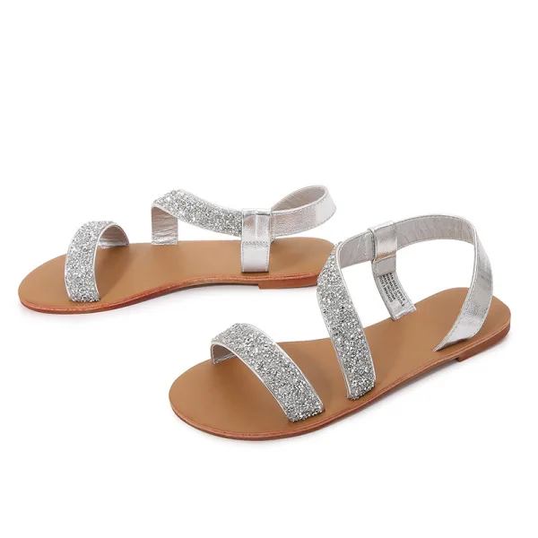 Piękne Srebrny Plaża Lato Rhinestone Płaskie Pantofle & Klapki Sandały Damskie 2022 Peep Toe