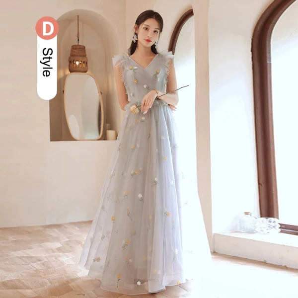 Modest / Simple Grey Lace Flower Bridesmaid Dresses 2023 A-Line / Princess Short Sleeve Backless Floor-Length / Long Bridesmaid Dresses