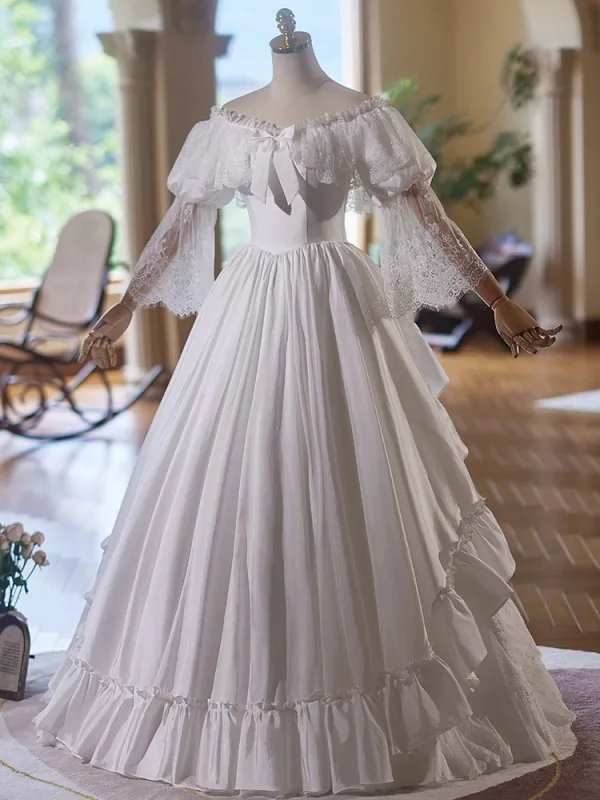 Vintage / Retro Medieval White Lace Flower Wedding Dresses Ball Gown 2025 Off-The-Shoulder Long Sleeve Backless Floor-Length / Long Wedding