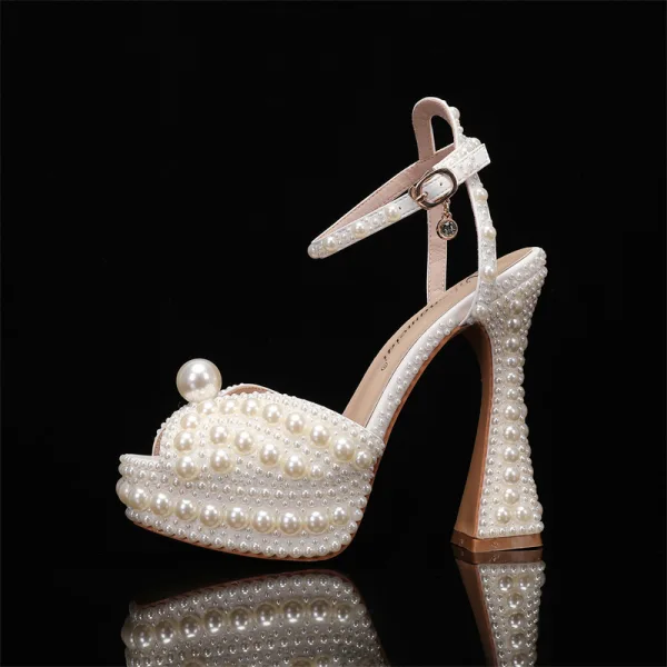 Fashion White Pearl Wedding Shoes 2024 Ankle Strap 12 cm Thick Heels Open / Peep Toe Wedding Sandals High Heels