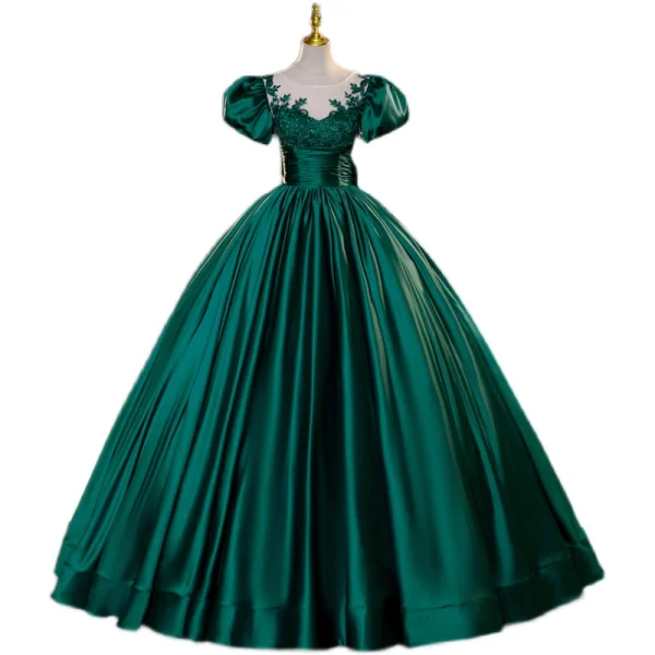 Vintage / Retro Dark Green Beading Prom Dresses 2023 Ball Gown Scoop Neck Puffy Short Sleeve Bow Floor-Length / Long Satin Prom Formal Dresses