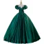 Vintage / Retro Dark Green Beading Prom Dresses 2023 Ball Gown Scoop Neck Puffy Short Sleeve Bow Floor-Length / Long Satin Prom Formal Dresses