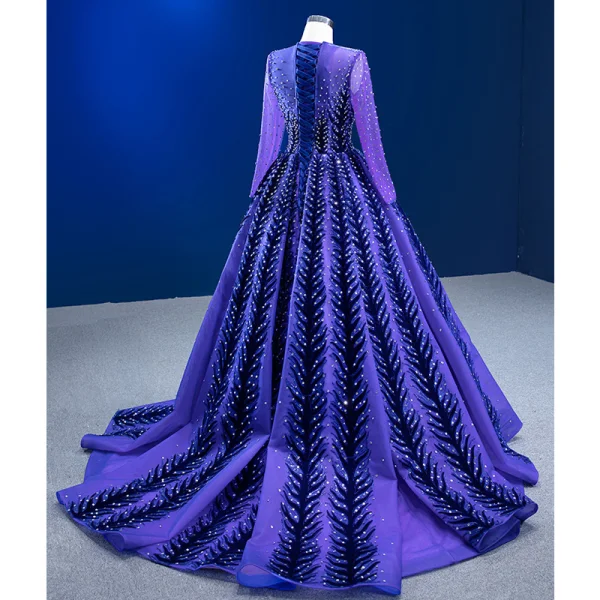 Vintage / Retro High-end Navy Blue Beading Sequins Prom Dresses 2023 Ball Gown Scoop Neck Long Sleeve Court Train Prom Formal Dresses