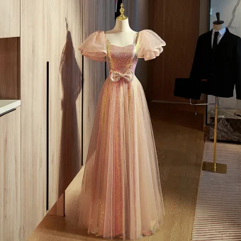 Scintillantes Champagne Paillettes Robe De Soirée 2022 Princesse Encolure Carrée Noeud Gonflée Manches Courtes Dos Nu Longue Soirée Robe De Ceremonie