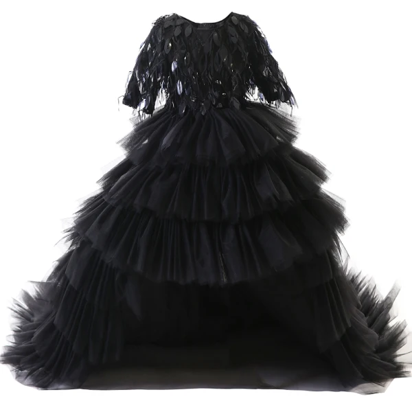 High Low Black Cascading Ruffles Prom Flower Girl Dresses 2022 Ball Gown Scoop Neck Sequins Short Sleeve Court Train Flower Girl Dresses