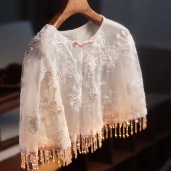 Charming White Handmade Beading Tassel Sequins Lace Flower Prom Shawl 2025