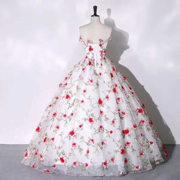Chic / Belle Blanche Appliques Jardin / Extérieur Robe De Bal 2023 Robe Boule Bustier Sans Manches Dos Nu Longue Robe De Ceremonie