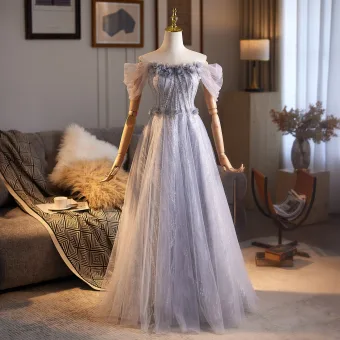 Charming Silver Appliques Rhinestone Sequins Prom Dresses 2026 A Line Princess Off The Shoulder Short Sleeve Backless Floor Length Long Formal Dresses