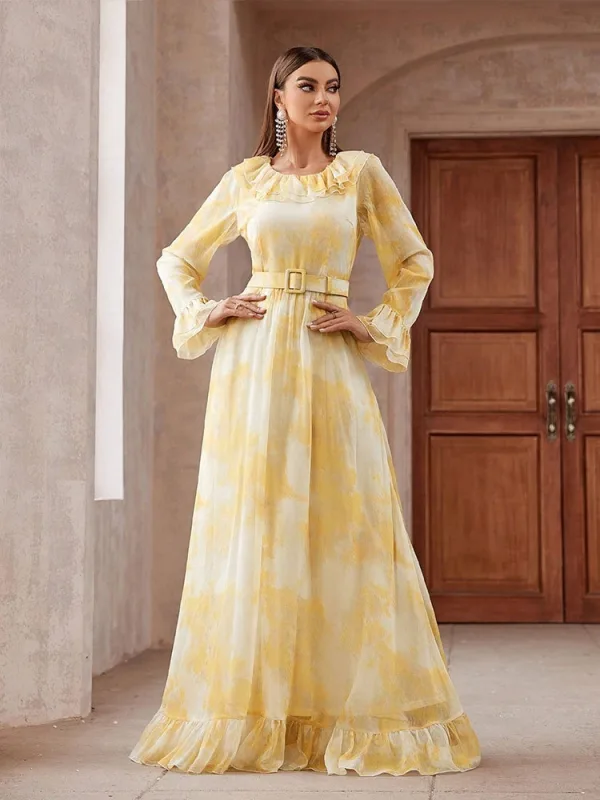 Élégant Jaune Robe De Bal 2025 Princesse Encolure Dégagée Manches de cloche Longue Promo Robe De Ceremonie