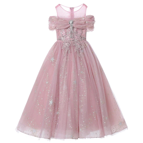 Chic / Beautiful Blushing Pink Birthday Flower Girl Dresses 2022 Scoop Neck Beading Pearl Lace Flower Sequins Short Sleeve Floor-Length / Long Flower Girl Dresses