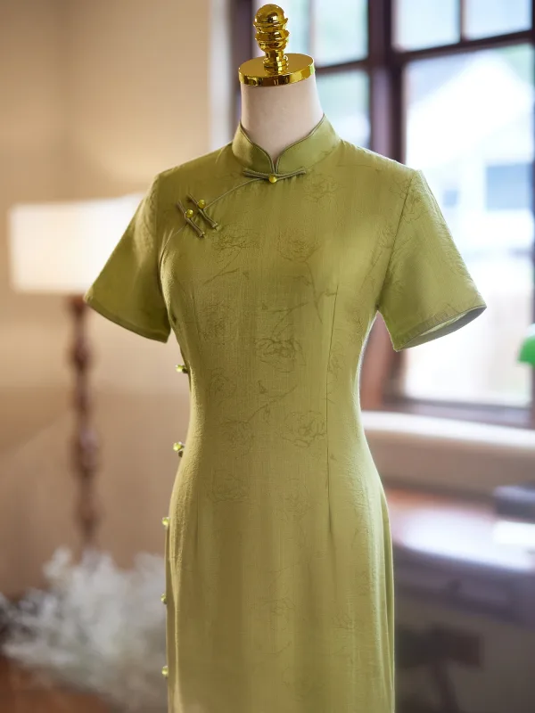 Chinese style Clover Green Summer Tea-length Cheongsam Trumpet / Mermaid 2024 High Neck Short Sleeve