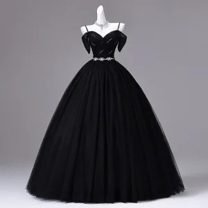 Vintage Schwarz Strass Ballkleider 2026 Ballkleid Spaghettiträger Kurze Ärmel Rückenfreies Tülle