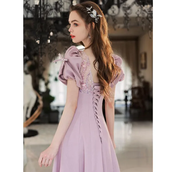 Elegant Blushing Pink Prom Dresses 2022 A-Line / Princess V-Neck Beading Pearl Sequins Puffy Short Sleeve Backless Floor-Length / Long Prom Formal Dresses