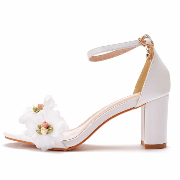 Chic / Belle Blanche Appliques Promo Sandales Femme 2022 Bride Cheville 7 cm Talons Épais Peep Toes / Bout Ouvert Sandales Talons Hauts