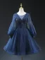 Vintage / Retro Navy Blue Beading Sequins Glitter Short Prom Dresses 2024 A-Line / Princess Scoop Neck Long Sleeve Backless Formal Dresses