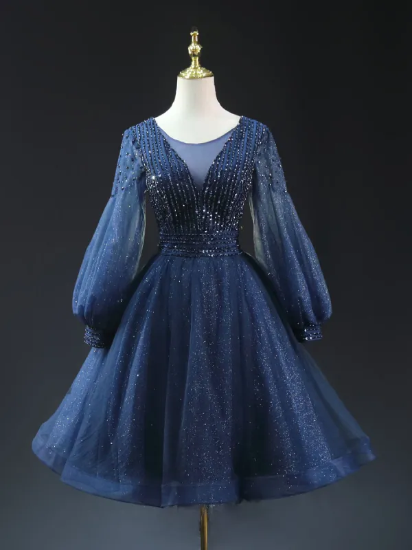 Vintage Retro Navy Blue Beading Sequins Glitter Short Prom Dresses 2024 A Line Princess Scoop Neck Long Sleeve Backless Formal Dresses
