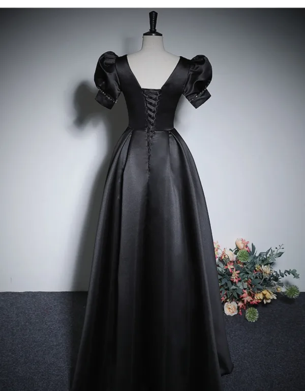 Vintage / Retro Black Satin Evening Dresses 2023 A-Line / Princess V-Neck Puffy Short Sleeve Backless Floor-Length / Long Evening Party Formal Dresses