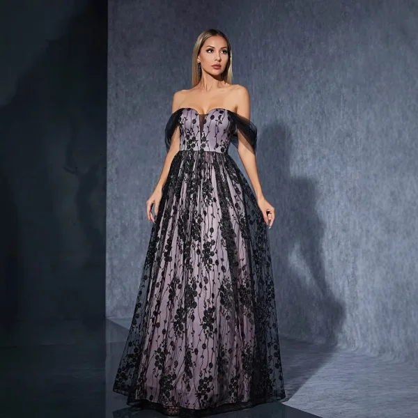 Chic / Beautiful Purple Lace Flower Prom Dresses 2025 A-Line / Princess Off-The-Shoulder Sleeveless Backless Floor-Length / Long Prom Formal Dresses