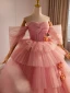Fashion Blushing Pink Appliques Cascading Ruffles Prom Dresses 2024 Ball Gown Off-The-Shoulder Short Sleeve Backless Sweep Train Prom Formal Dresses