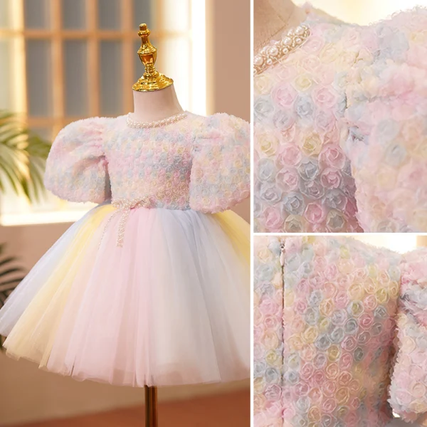 Chic / Beautiful Blushing Pink Birthday Appliques Flower Girl Dresses 2022 Ball Gown Scoop Neck Puffy Short Sleeve Pearl Sash Short Flower Girl Dresses