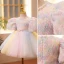 Chic / Beautiful Blushing Pink Birthday Appliques Flower Girl Dresses 2022 Ball Gown Scoop Neck Puffy Short Sleeve Pearl Sash Short Flower Girl Dresses