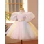 Chic / Beautiful Blushing Pink Birthday Appliques Flower Girl Dresses 2022 Ball Gown Scoop Neck Puffy Short Sleeve Pearl Sash Short Flower Girl Dresses