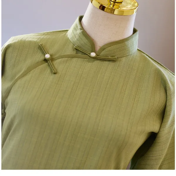 Chinese style Sage Green Tea-length Cheongsam / Qipao 2024 Trumpet / Mermaid High Neck 1/2 Sleeves Prom