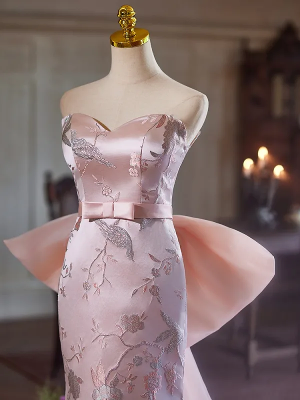 Chic / Belle Rougissant Rose En Dentelle Fleur Robe De Soirée 2024 Trompette / Sirène Bustier Sans Manches Dos Nu Noeud Train De Balayage Soirée Robe De Ceremonie