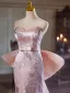 Chic / Belle Rougissant Rose En Dentelle Fleur Robe De Soirée 2024 Trompette / Sirène Bustier Sans Manches Dos Nu Noeud Train De Balayage Soirée Robe De Ceremonie