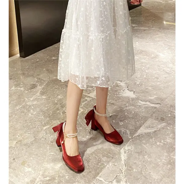 Vintage / Retro Beige Street Wear Womens Shoes 2022 Pearl Ankle Strap Bow 5 cm Thick Heels Square Toe Pumps High Heels