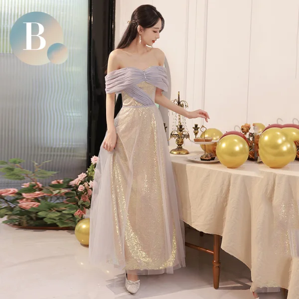 Chic / Beautiful Gold Sequins Bridesmaid Dresses 2023 A-Line / Princess Off-The-Shoulder Short Sleeve Backless Floor-Length / Long Bridesmaid Dresses