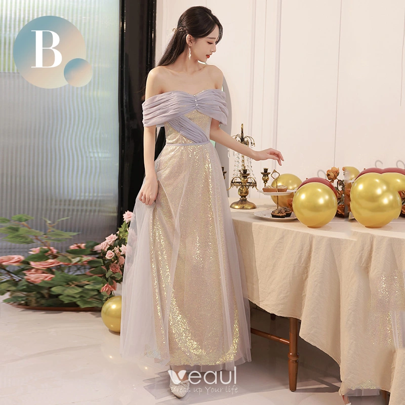 Chic Beautiful Gold Sequins Bridesmaid Dresses 2023 A Line Princess Off The  Shoulder Short Sleeve Backless Floor Length Long Bridesmaid Dresses