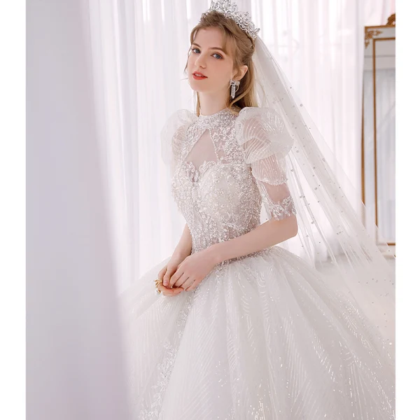 Fabulous White Beading Sequins Pearl Wedding Dresses 2022 Ball Gown High Neck Puffy Short Sleeve Backless Royal Train Wedding