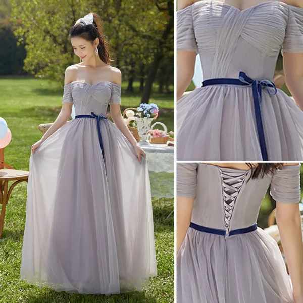 Modest / Simple Lavender Bridesmaid Dresses 2022 A-Line / Princess Short Sleeve Backless Bow Sash Floor-Length / Long Bridesmaid