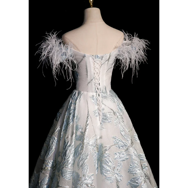 Fashion Sky Blue Printing Prom Dresses 2023 A-Line / Princess Off-The-Shoulder Tassel Short Sleeve Backless Floor-Length / Long Prom Formal Dresses