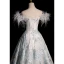 Fashion Sky Blue Printing Prom Dresses 2023 A-Line / Princess Off-The-Shoulder Tassel Short Sleeve Backless Floor-Length / Long Prom Formal Dresses