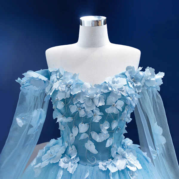 Elegant Pool Blue Pearl Appliques Prom Dresses 2022 Ball Gown Off-The-Shoulder Long Sleeve Backless Floor-Length / Long Formal Dresses
