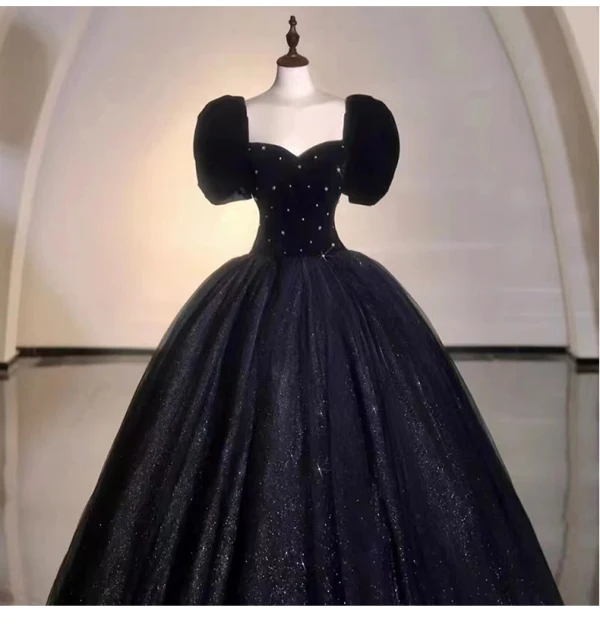 Bling Bling Bleu Marine Daim Étoile Paillettes Robe De Soirée 2023 Robe Boule Encolure Carrée Noeud Gonflée Manches Courtes Dos Nu Longue Soirée Robe De Ceremonie
