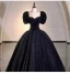 Bling Bling Bleu Marine Daim Étoile Paillettes Robe De Soirée 2023 Robe Boule Encolure Carrée Noeud Gonflée Manches Courtes Dos Nu Longue Soirée Robe De Ceremonie