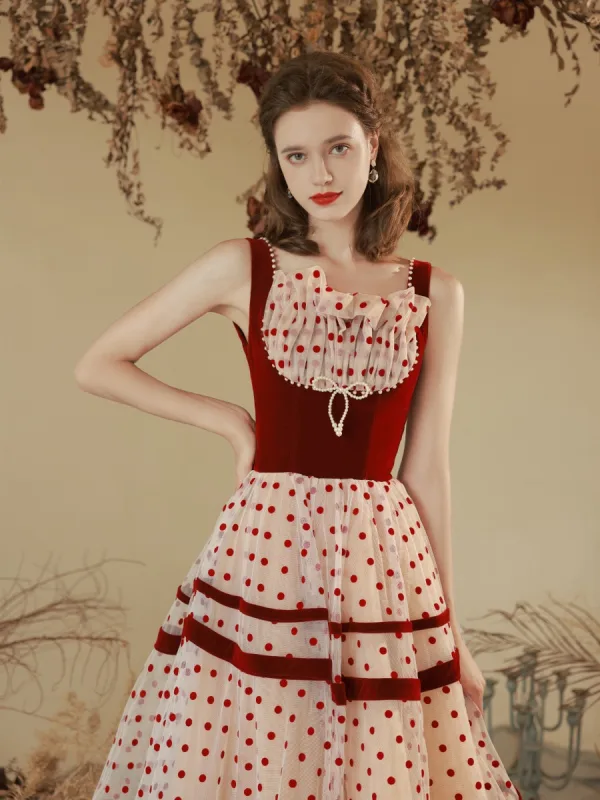 Chic / Beautiful Burgundy Spotted Prom Dresses 2022 A-Line / Princess Square Neckline Sleeveless Bow Pearl Backless Floor-Length / Long Prom Formal Dresses
