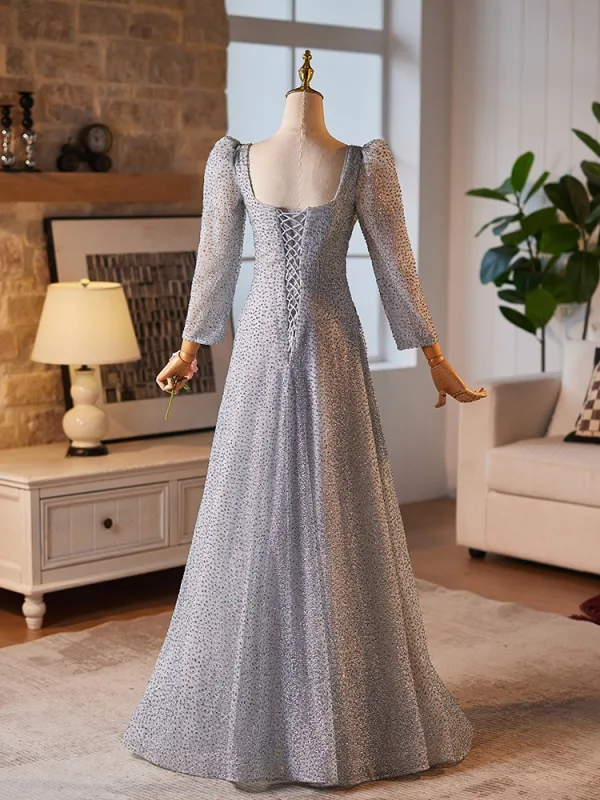 Bling Bling Silber Grau Pailletten Ballkleider 2024 A Linie Eckiger Ausschnitt Lange Ärmel Rückenfreies Lange Ball Festliche Kleider