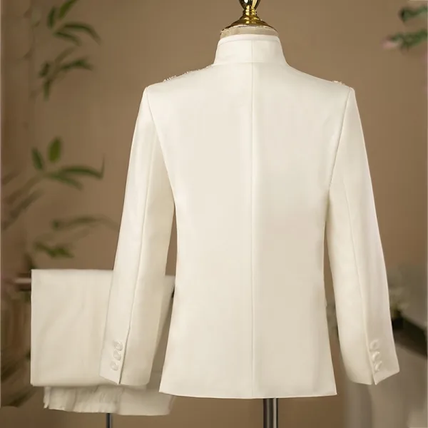 Weiß Handgefertigt Perlenstickerei Satin Lange Ärmel 5 Stück Anzüge Jungs 2025 Hochzeit Mantel Hose Hemd Krawatte Weste