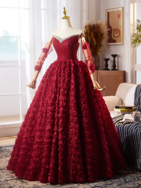Blumenfee Burgunderrot Strass Applikationen Ballkleider 2025 Ballkleid Bandeau Ärmellos Lange Festliche Kleider