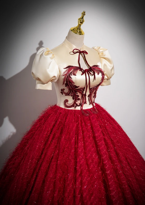 Vintage / Retro Chinese style Burgundy Beading Lace Flower Prom Dresses 2023 Ball Gown High Neck Bow Puffy Short Sleeve Floor-Length / Long Formal Dresses