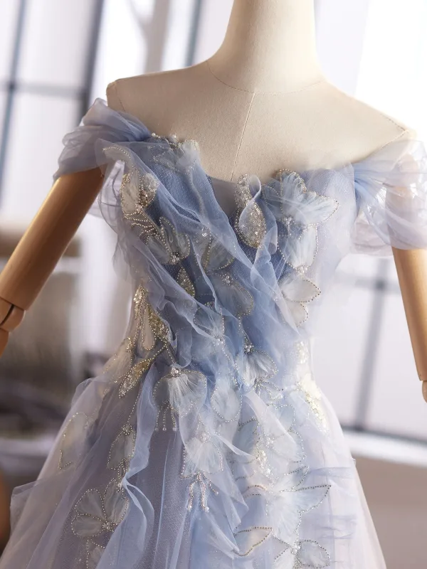 Charming Sky Blue Beading Pearl Sequins Prom Dresses 2025 A-Line / Princess Off-The-Shoulder Sleeveless Backless Floor-Length / Long Formal Dresses