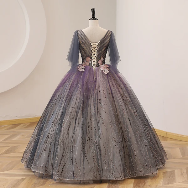 Elegant Purple Gradient-Color Prom Dresses 2022 Ball Gown Scoop Neck Pearl Lace Flower Short Sleeve Backless Floor-Length / Long Prom Formal Dresses
