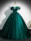 Vintage / Retro Dark Green Rhinestone Satin Prom Dresses 2025 Ball Gown Off-The-Shoulder Short Sleeve Backless Floor-Length / Long Prom Formal Dresses