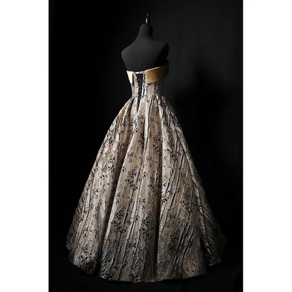 Charming Champagne Gold Printing Prom Dresses 2024 A-Line / Princess Strapless Sleeveless Backless Floor-Length / Long Prom Formal Dresses
