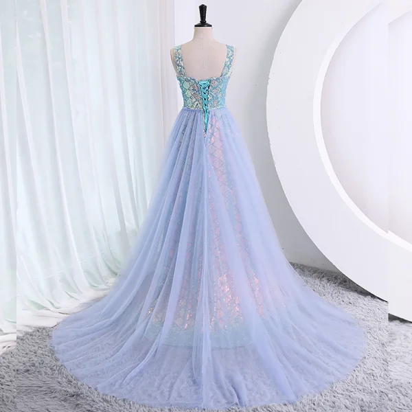 Glitzernden Himmelblau Pailletten Ballkleider 2023 A Linie Eckiger Ausschnitt Ärmellos Rückenfreies Sweep / Pinsel Zug Ball Festliche Kleider