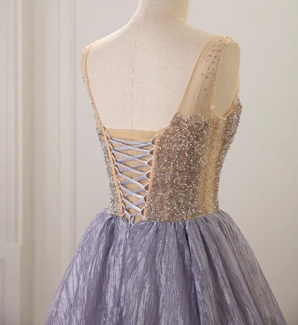 Bling Bling Lavender Sequins Prom Dresses 2025 Ball Gown V-Neck Puffy Short Sleeve Backless Floor-Length / Long Formal Dresses